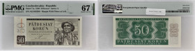TCHÉCOSLOVAQUIE - CZECHOSLOVAKIA
50 korun 29 août 1950.
P.71a.
Top Pop : c’est le plus bel exemplaire gradé ! Alphabet A42 - numéro 083508.
PMG 67 EPQ...