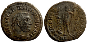 Licinius I. (321-323 AD). Follis. Obv: IMP C VAL LICIN LICINIVS P F AVG. laureate bust of Licinius right. Rev: IOVI CONSERVATORI. Jupiter standing and...