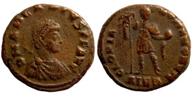 Arcadius. (383-388 AD). Antioch. Obv: DN ARCADIVS PF AUG. Arcadius. perl-diademed bust right. Rev: VIRTVS EXERCITI. emperor standing right, holding la...
