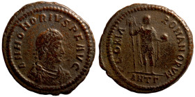 Honorius. (393-395 AD). Follis. Obv: DN HONORIVS PF AVG. pearl-diademed bust of Honorius right. Rev: GLORIA ROMANORVM. Honorius standing right holding...