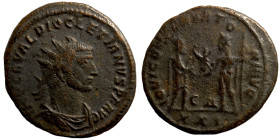 Diocletian. (285 AD). Æ Antoninian.  Antioch. Obv: IMP C C VAL DIOCLETIANVS P F AVG. radiate cuirassed bust of Diocletian right. Rev: CONCORDIA MILITV...