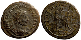 Probus. (276-282 AD). Æ Antoninian.  Antioch. Obv: IMP C M AVR PROBVS AVG. radiate cuirassed bust of Probus right. Rev: CLEMENTIA TEMP. Probus standin...
