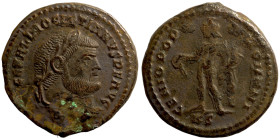 Diocletian Æ follis, 284-305 AD,  Obv: IMP C DIOCLETIANVS P F AVG; laureate head right.  Rev: GENIO POPV-LI ROMANI; Genius 