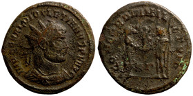 Diocletian. (285 AD). Æ Antoninian. Obv: IMP C C VAL DIOCLETIANVS P F AVG. radiate cuirassed bust of Diocletian right. Rev: CONCORDIA MILITVM. emperor...
