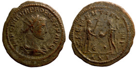 Probus. (276-282 AD). Æ Antoninian.  Antioch. Obv: IMP C M AVR PROBVS AVG. radiate cuirassed bust of Probus right. Rev: CLEMENTIA TEMP. Probus standin...