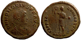 Honorius. (393-395 AD). Follis. Obv: DN HONORIVS PF AVG. pearl-diademed bust of Honorius right. Rev: GLORIA ROMANORVM. Honorius standing right holding...