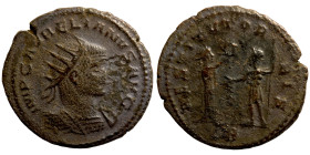 Aurelian. (274-275 AD). Æ Antoninian.  Antioch. Obv: IMP C AVRELIANVS AVG. radiate cuirassed bust of Aurelian right. Rev: RESTITVT ORBIS. women standi...