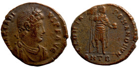 Arcadius. (383-388 AD). Follis. (22mm, 4,97g) Antioch. Obv: D N ARCADIVS P F AVG. diademed bust of Arcadius right. Rev: GLORIA ROMANORVM. Arcadius sta...