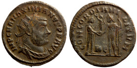 Maximianus. (286-305 AD). Æ Antoninian.  Antioch. Obv: IMP C M A MAXIMIANVS P F AVG. radiate cuirassed bust of Maximianus right. Rev: CONCORDIA MILITV...