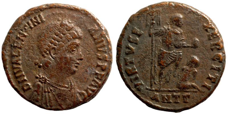 Valentinian II Æ 21mm. Antioch, AD 383-388. D N VALENTINIANVS P F AVG, rosette-d...