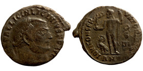 Licinius I. (321-323 AD). Follis. Obv: IMP C VAL LICIN LICINIVS P F AVG. laureate bust of Licinius right. Rev: IOVI CONSERVATORI. Jupiter standing and...