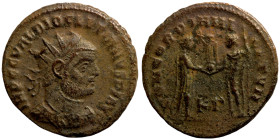 Diocletian. (285 AD). Æ Antoninian.  Antioch. Obv: IMP C C VAL DIOCLETIANVS P F AVG. radiate cuirassed bust of Diocletian right. Rev: CONCORDIA MILITV...