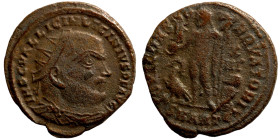 Licinius I. (321-323 AD). Follis. Obv: IMP C VAL LICIN LICINIVS P F AVG. laureate bust of Licinius right. Rev: IOVI CONSERVATORI. Jupiter standing and...