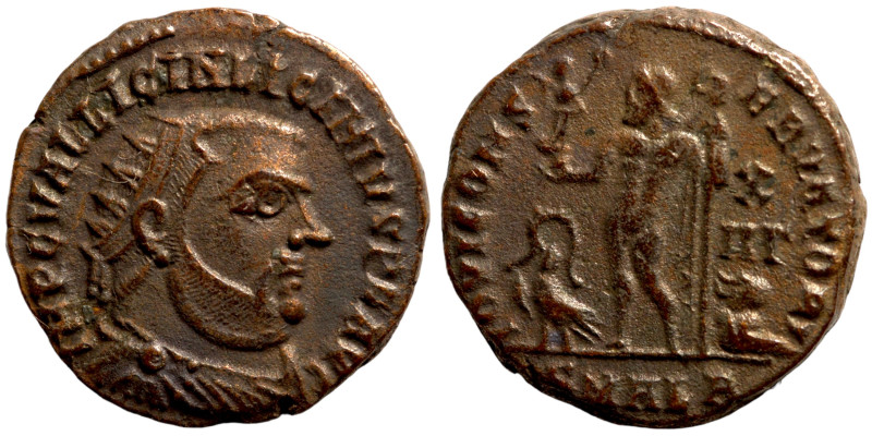 Licinius I. (321-323 AD). Follis. Obv: IMP C VAL LICIN LICINIVS P F AVG. laureat...