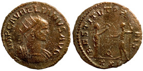 Aurelian. (274-275 AD). Æ Antoninian.  Antioch. Obv: IMP C AVRELIANVS AVG. radiate cuirassed bust of Aurelian right. Rev: RESTITVT ORBIS. women standi...