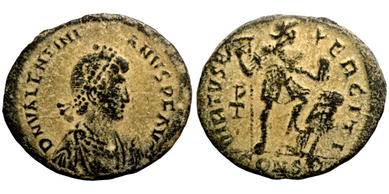 Valentinian II Æ 21mm. Antioch, AD 383-388. D N VALENTINIANVS P F AVG, rosette-d...