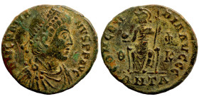 Gratian. (367-383 AD). Æ Follis. Antioch. Obv: D N GRATIANVS P F AVG. pearl-diademed bust of Gratian right. Rev: CONCORDIA AVGGG. Constantinopolis hel...