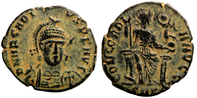 Arcadius. (402 AD). Æ Centenionalis. Cyzicus. Obv: D N THEODOSIVS P F AVG. helme...
