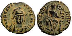 Arcadius. (402 AD). Æ Centenionalis. Cyzicus. Obv: D N THEODOSIVS P F AVG. helmeted and armed bust of Theodosius facing. Rev: CONCORDIA AVGG. Concordi...