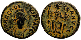 Arcadius. (402 AD). Æ Centenionalis. Cyzicus. Obv: D N THEODOSIVS P F AVG. helmeted and armed bust of Theodosius facing. Rev: CONCORDIA AVGG. Concordi...