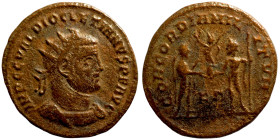 Diocletian. (285 AD). Æ Antoninian. Obv: IMP C C VAL DIOCLETIANVS P F AVG. radiate cuirassed bust of Diocletian right. Rev: CONCORDIA MILITVM. emperor...