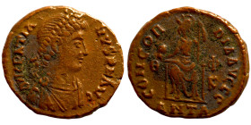 Gratian. (367-383 AD). Æ Follis. Antioch. Obv: D N GRATIANVS P F AVG. pearl-diademed bust of Gratian right. Rev: CONCORDIA AVGGG. Constantinopolis hel...