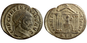 MAXENTIUS (307-312). Follis. Rome.Obv: IMP C MAXENTIVS P F AVG.Laureate head right.Rev: CONSERV VRB SVAE / RBQ.Hexastyle temple, with wreath in pedime...