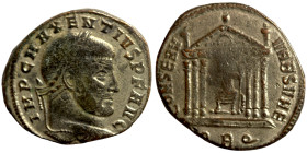 MAXENTIUS (307-312). Follis. Rome.Obv: IMP C MAXENTIVS P F AVG.Laureate head right.Rev: CONSERV VRB SVAE / RBQ.Hexastyle temple, with wreath in pedime...