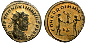 Maximianus. (285-295 AD). Æ Antoninian. Obv: IMP CMA MAXIMIANVS PF AVG. radiate cuirassed bust right. Rev: CONCORDIA MILITVM.
