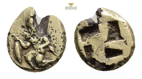 Mysia, Kyzikos, electrum hekte, 500 BC, ithyphallic satyr kneeling left holding ...
