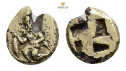 Mysia, Kyzikos, electrum hekte, 500 BC, ithyphallic satyr kneeling left holding tunny fish, rev., quadripartite incuse square, 1.66 g. 11,1 mm. SNG vo...