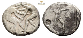 PAMPHYLIA. Aspendos. Circa 415/0-400 BC. Stater (Silver, 23,8 mm, 10.6 g,) Two nude wrestlers, standing and grappling with each other. Rev. Slinger st...