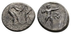 PAMPHYLIA. Aspendos. Circa 415/0-400 BC. Stater (Silver, 24,6 mm, 10.7 g,) Two nude wrestlers, standing and grappling with each other. Rev. Slinger st...