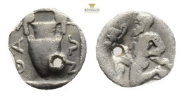 Thrace, Thasos; AR Obol; circa 425-350 BC.Obv. A kneeling naked satyr to the left, holding a cup (kantharos) in the outstretched right hand.Rv. An amp...