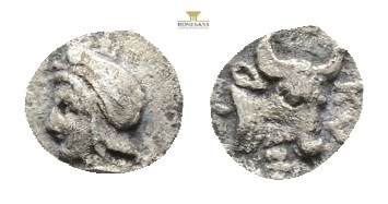 MYSIA, Kyzikos (Circa 460-410 BC) AR obol (7.9 mm, 0.29 g.)Obv: Head of Attis le...