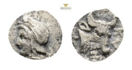 MYSIA, Kyzikos (Circa 460-410 BC) AR obol (7.9 mm, 0.29 g.)Obv: Head of Attis left, wearing Phrygian cap; below, tunny.Rev: KY-ZI clockwise, Z as H; h...