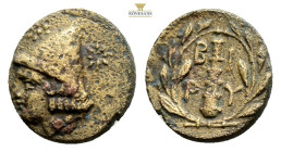 Troas, Birytis Æ 19mm. Circa 350-300 BC. 5. g, 18,8 mm, Head of Kabeiros to left, wearing pileos; two stars above / Club within wreath; B I P Y in fie...