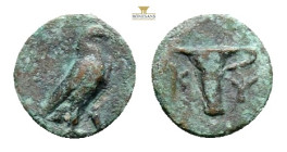 Aeolis, Kyme, AE, Circa 350-250 BC, magistrate.Obv: [ΑΝ]ΤΙΚΡΑΤ[ΗΣ], Eagle standing right.Rev: KY - One-handled cup left.Ref: Cf. SNG Copenhagen 44-5. ...