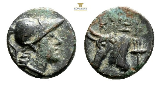 MYSIA. Kyzikos (Circa 300-180 BC) AE Bronze (12,6 mm 1.9 g.)Obv: Helmeted head o...
