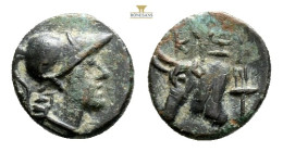 MYSIA. Kyzikos (Circa 300-180 BC) AE Bronze (12,6 mm 1.9 g.)Obv: Helmeted head of Athena r.Rev: KYZ. Bull head left, SNG Copenhagen 64 (symbol)