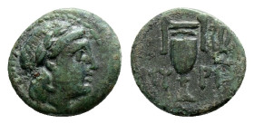 AEOLIS. Myrina. 2nd-1st century BC. Dichalkon (Bronze, 17,5 mm, 3.7 g, ). Laureate head of Apollo to right. Rev. MY-PI Amphora; to right, lyre. SNG Co...