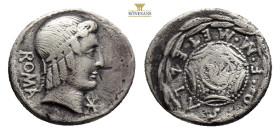 M. Caecilius Q. f. Q.n. Metellus, 127 BC. Denarius Rome. Helmeted head of Roma right; behind, ROME upwards; before, X.Rev. Macedonian shield decorated...