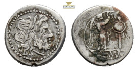 Anonymous. 211-208 BC. AR Victoriatus ( 3 g, ) Uninscribed VB series. Uncertain mint. Laureate head of Jupiter right / Victory standing right crowning...