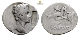 Augustus AR Denarius. (Colonia Patricia?), July 18-16 BC. Bare head to right / Capricorn to right, holding globe attached to rudder, cornucopiae over ...