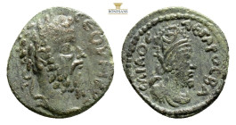 Mesopotamia, Edessa. Septimius Severus. NAME. 193-211. Æ (19.1mm, 3.2g, ). Laureate head of Septimius Severus right / Diademed and draped bust of Abdg...