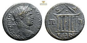 Caracalla, 198-217. 20.3 mm, 4.2 g, ) Laurel-patterned head of Caracalla right. Rev.six pillar temple,