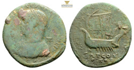 Caracalla. AD 198-217. Æ 33,8 mm (18,33 g, ). Tarsus mint in Cilicia. Mantled bust left, wearing demiourgic crown / Galley under sail with five oarsme...