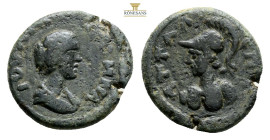CILICIA. Irenopolis-Neronias (?). Julia Domna, 193-217. Ae (bronze, 5,4 g, 20,4 mm). Draped bust of Julia Domna right. Rev. Helmeted bust of Athena Le...