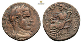 Triassarion (Bronze, 26 mm, 9.2 g, ) [ΑΥ Κ ΟΠ] ΜΑΚΡЄΙΝΟ Laureate, draped and cuirassed bust of Macrinus to right. Rev. ΓABAΛЄⲰN Tyche seated left, hol...