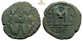 Justin II. 565-578. AE follis (32,2 mm, 12,7 g). Antioch mint, dated A.D. 571/2. D N IVSTINVS PP AV (or similar), Justin II and Sophia seated on thron...